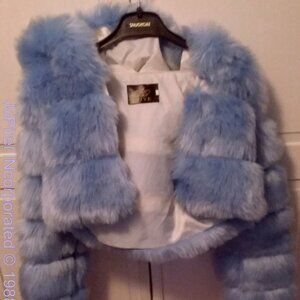 Designer QIYE  Baby Blue Short Faux Fur & Leather Insert Short Hooded Jacket